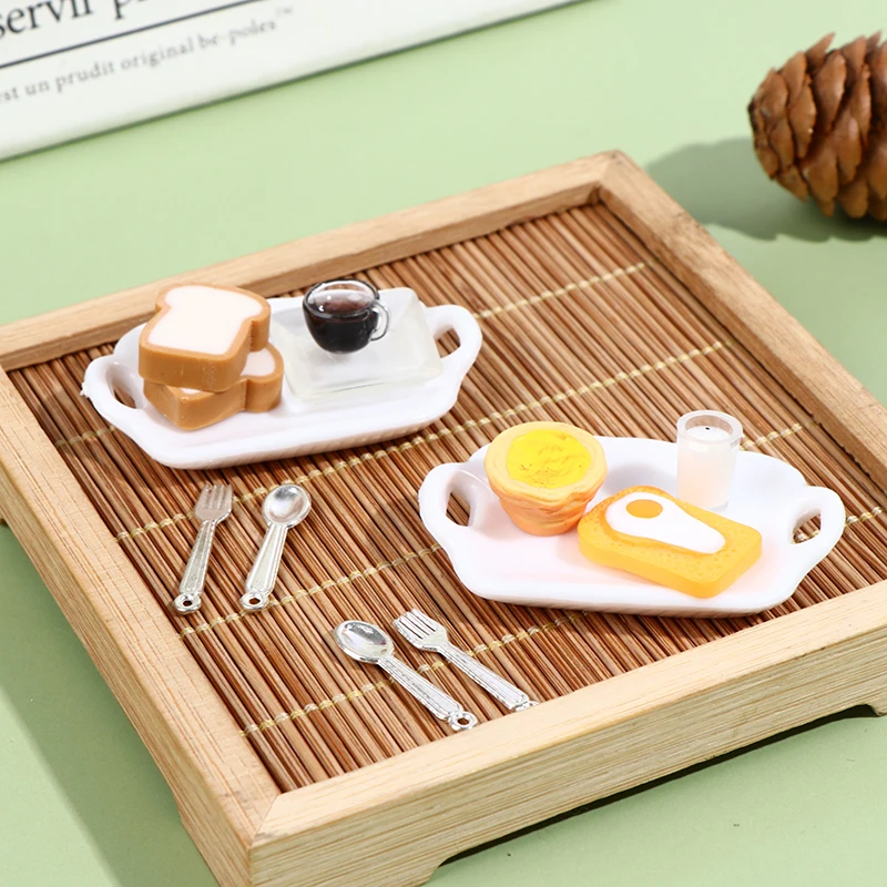 

1:12 Dollhouse Miniature Breakfast Set Hamburger Croissant Toast Egg Coffee with Tray Kitchen Food Accessories