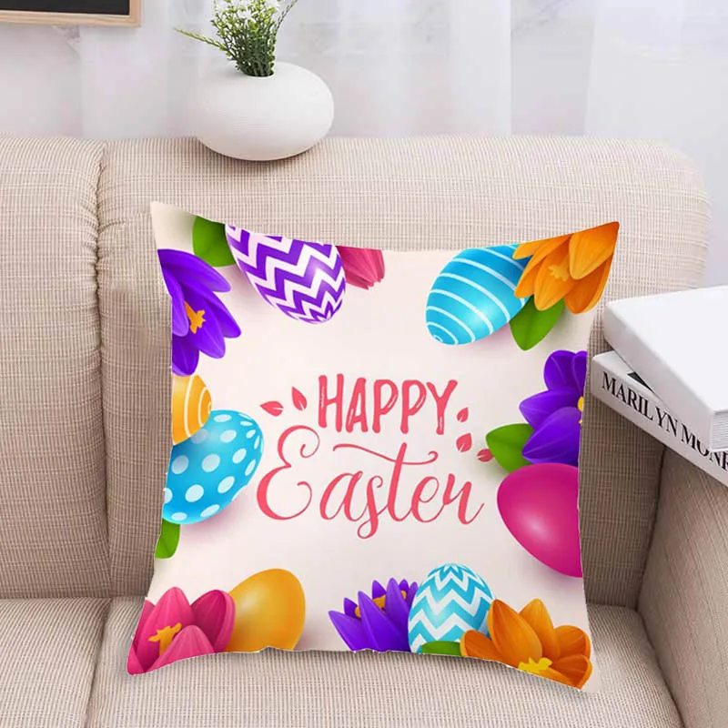 

Easter Velvet Cushion Cover Rabbit Eggs Pattern Happy Easter Sofa Decor FPing