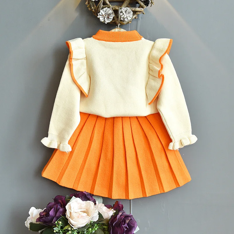 Winter Cute Korean Children Clothes Warm Clothes Autumn Little Girls Clothing Set Bow Tie Knit Flying Sleeve Sweater Top&skirt