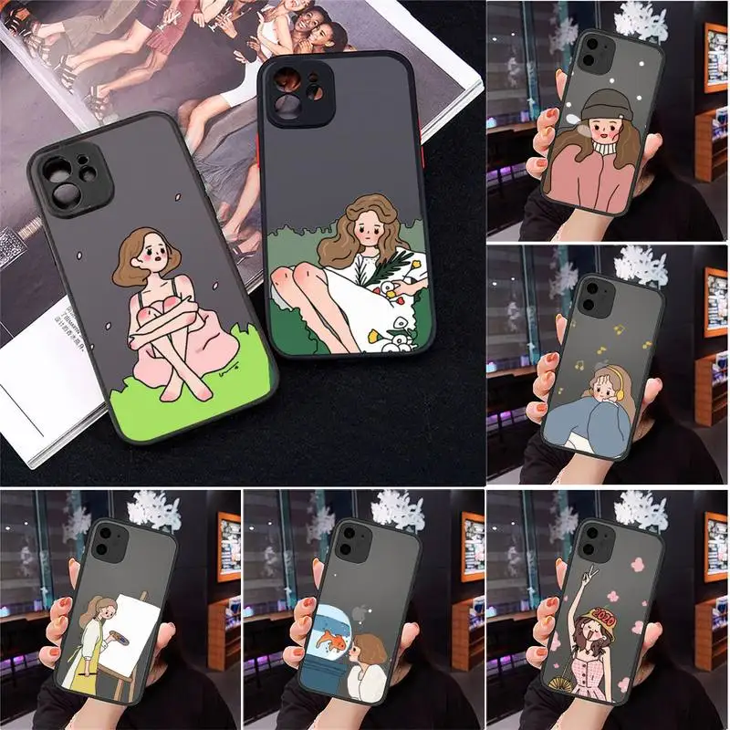 

Aesthetic cartoon girl Phone Case For iPhone 13 12 11 Mini Pro XR XS Max 7 8 Plus X Matte transparent Back Cover