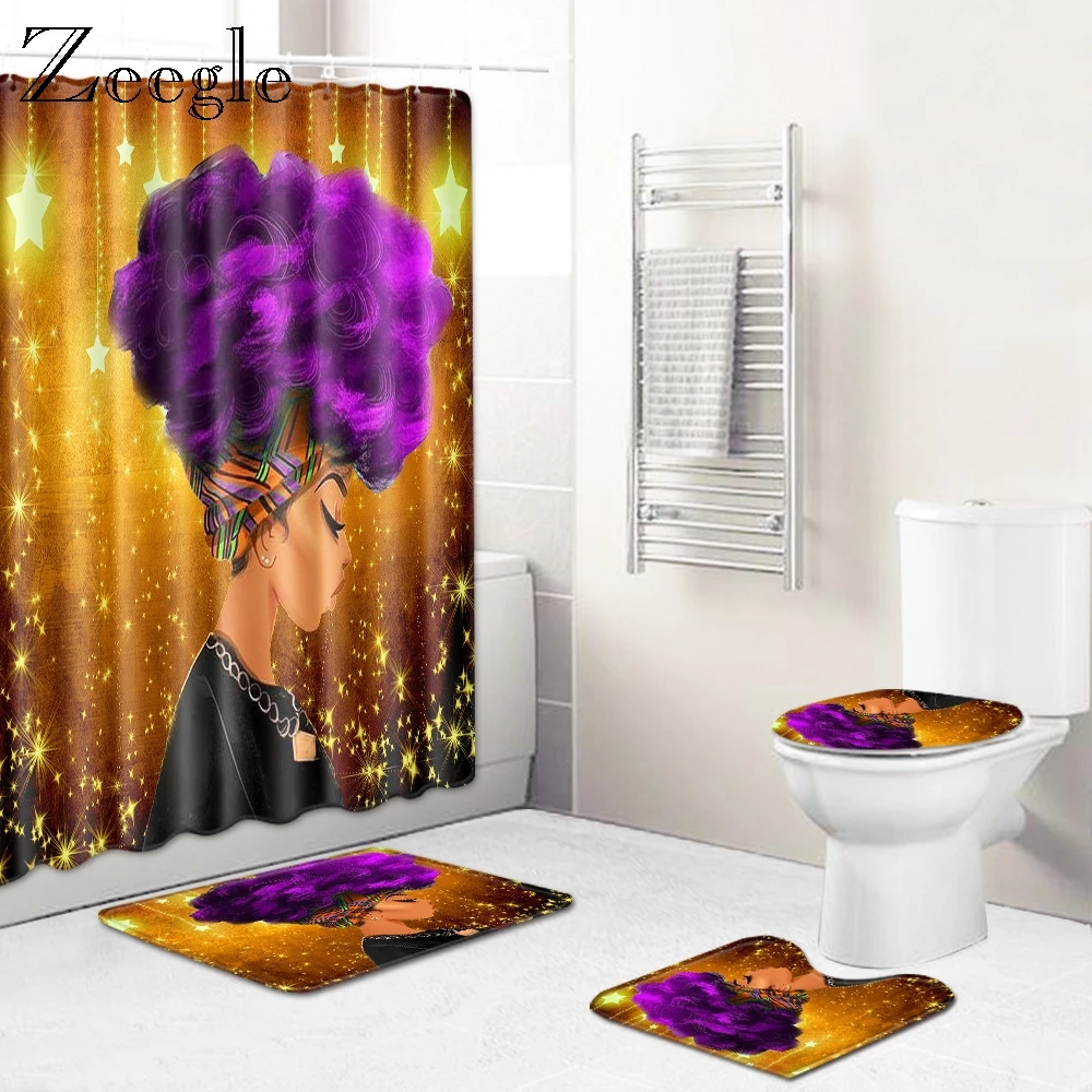 Zeegle Toilet Shower Curtain Set Creative Cartoon Anti-slip Bathroom Foot Rug Decoration Floor Mat Water Absorption | Дом и сад