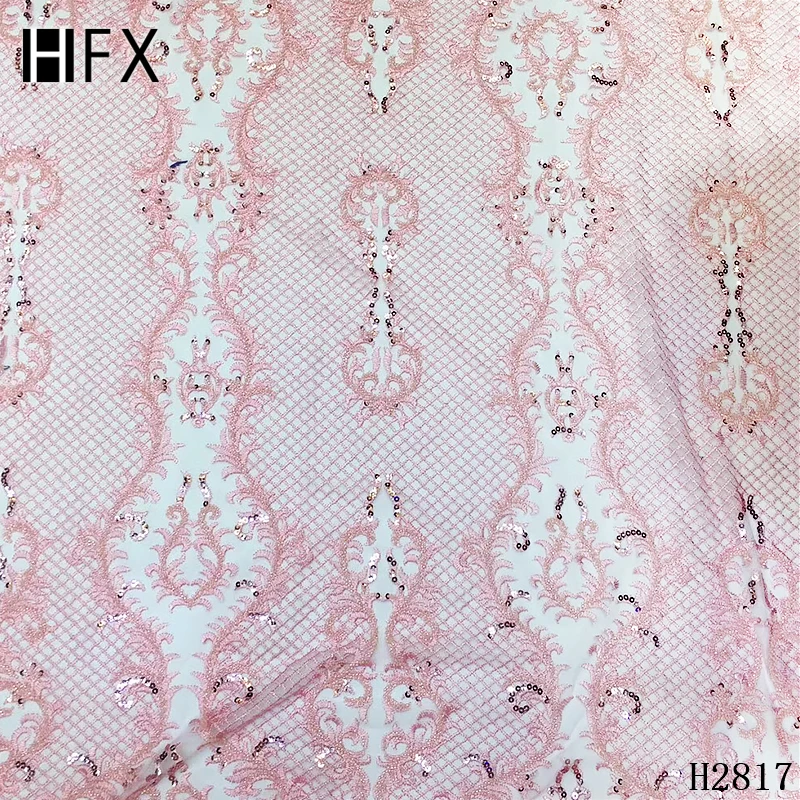 HFX 3d кружевная ткань розовый серый африканская французская кружевная ткань высокого качества Высококачественная ручная работа с бисером Свадебная, нигерийская, кружевная ткань F2126