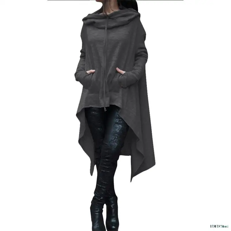 

Plus Size Women Long Dovetail Hoodie Solid Color Pocket Asymmetric Coats Loose Long Sleeve Casual Drawstring Pullover Hoodie