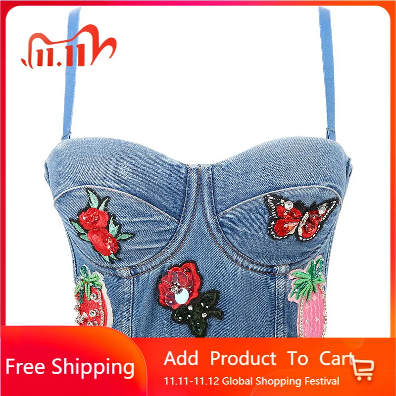 

Mayata Sexy Top DJ wear tube top nightclub sexy rose flower butterfly bead embroidery cropped denim camisole