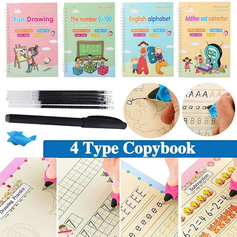 

Книга для каллиграфии по методике Монтессори, 4 книги + ручка