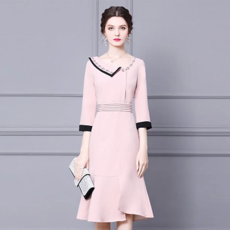 

Office Lady Pink French Retro Dresses 2021 Spring Summer Dress Women's Slim Beading Half Sleeve Vintage Fishtail Skirt Plus