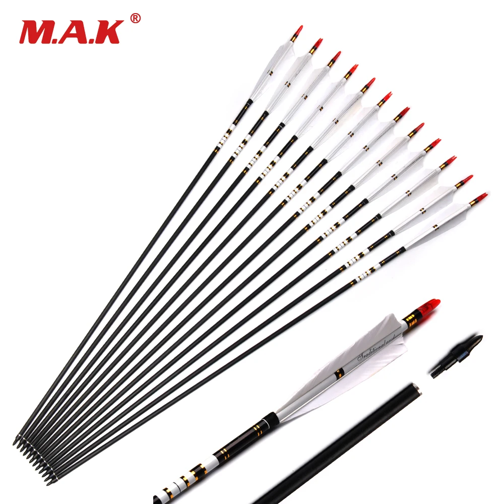 US 31/33 Inches Carbon Arrow Spine 500 Diameter 7.6mm for Compound/Recure Bow Archery Hunting Shooting