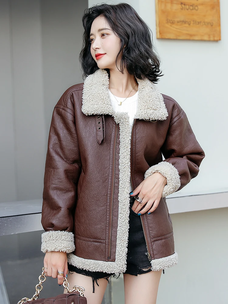 New Women Double Faced Fur Coat Autumn Winter Casual Fashion Moto Biker Style Lamb Plush Liner Thick Warm Sheepskin Leather Coat