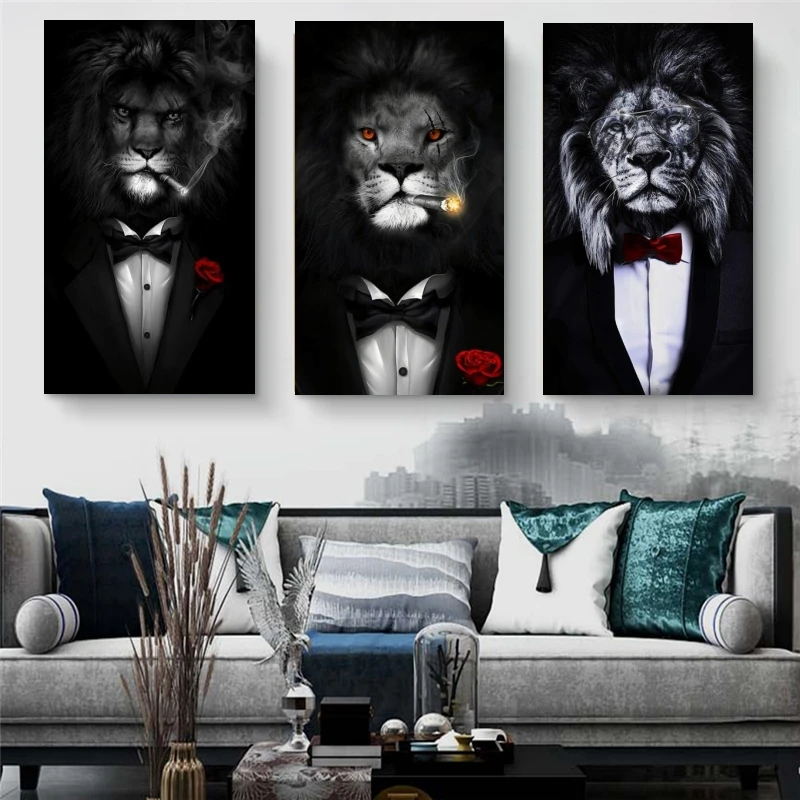 

Abstract Art Lion Smoking Canvas Paintings On the Wall Art Pictures Black Wild Lion in a Suit Animals Canvas Picture Home Cuadro