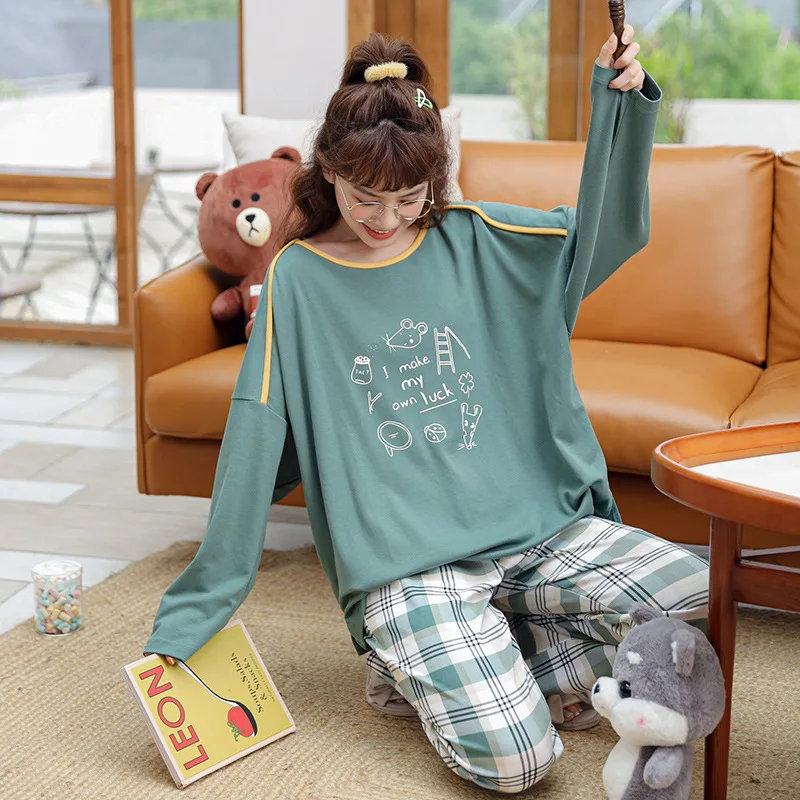 Spring Autumn New Pajamas Women's Nightgown & Sleepstirts Plaid Comfortable Home Wear Loose 2Pcs Suit Sleepwear Full Length