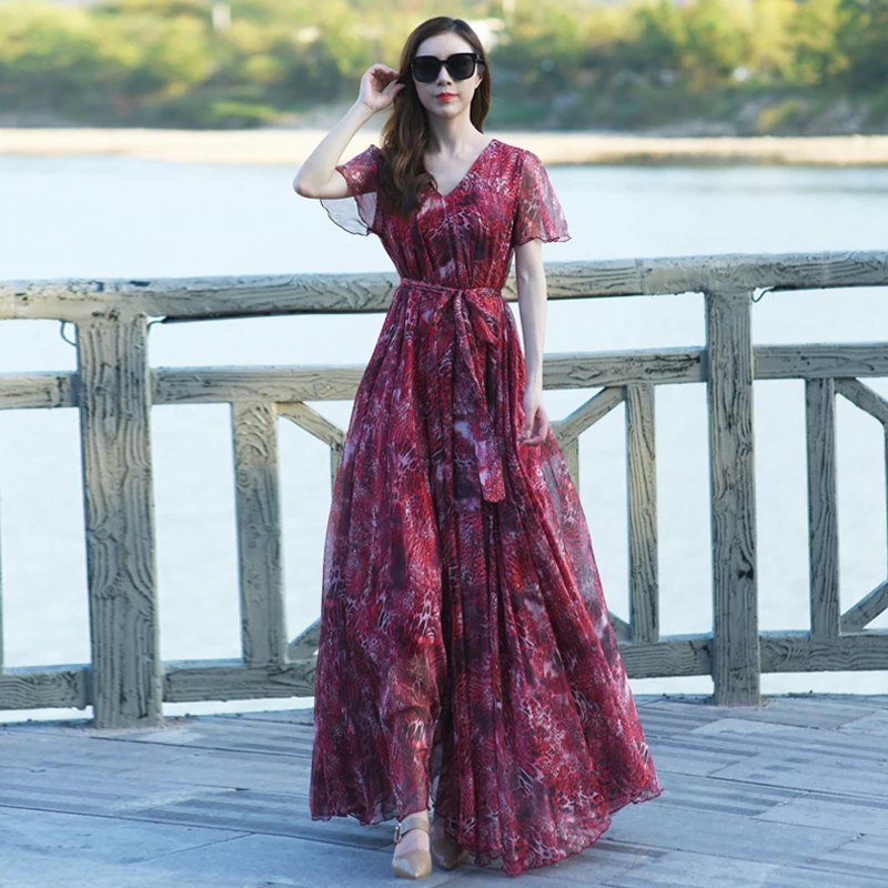 

Runway V Neck Short Sleeve Maxi Dresses Women's Vintage Leopard Printed Custom Big Size Robe Maxi Long Dress Plus Sizes Sundress