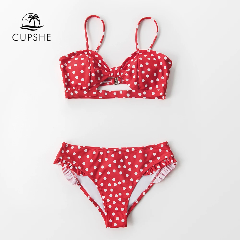 Красный бикини в горошек CUPSHE пикантный купальник с оборками и подкладкой из двух