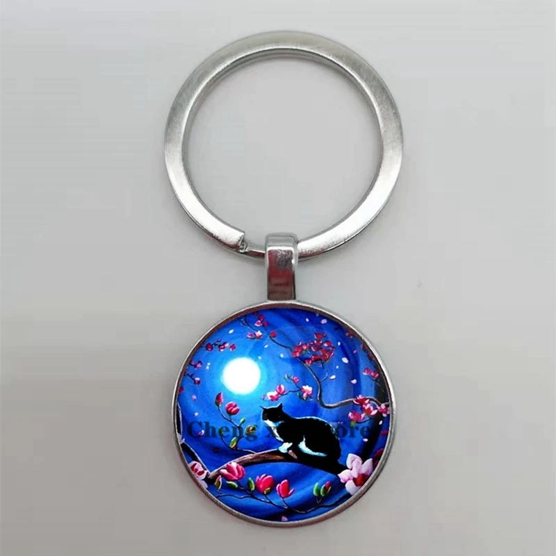 Популярный/Модный Круглый Брелок с подвеской в виде ветки голубой луны и кота