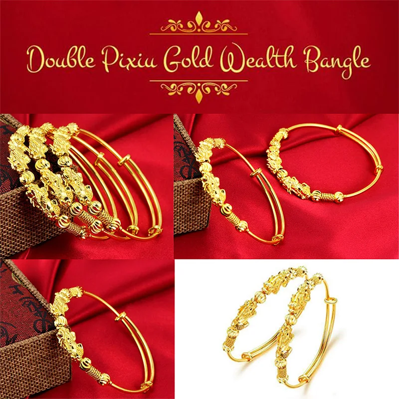 Двойной Pixiu Золотой богатство браслет ретро этнический стиль регулируемый