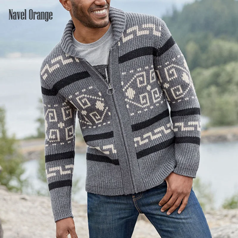 

2021 Men Long Sleeve Sweater Autumn Winter Printing Turn-Down Collar Zipper Male Cardigan Plus Size 4XL Streetwear Dropshipping