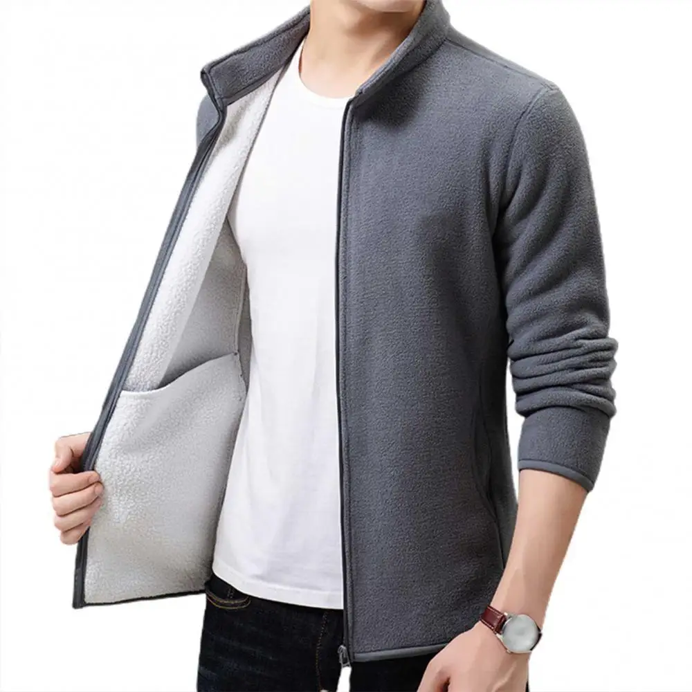 

40%HOTMen Autumn Winter Stand Collar Long Sleeve Coat Plush Warm Zip Jacket Outerwear