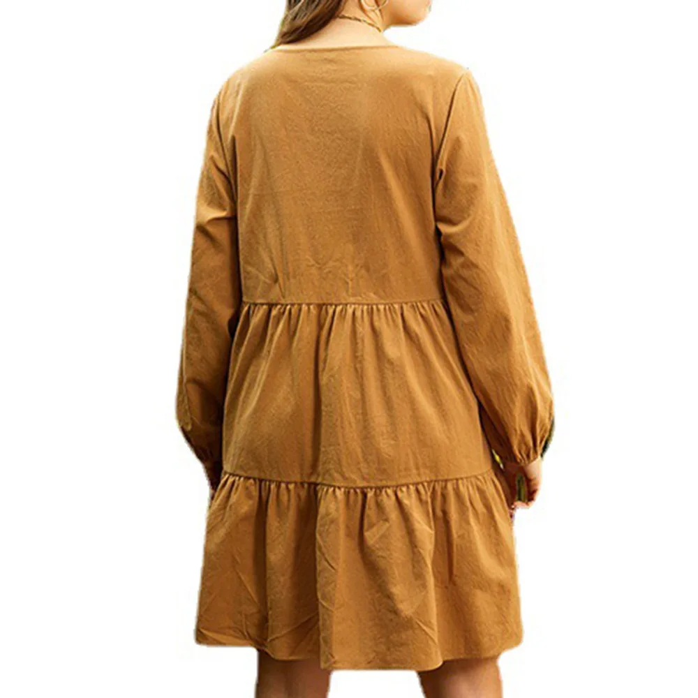 

Bohemian Women Dress Spring Autumn Fashion Loose Casual Simple Solid Color Ruffle Round Neck Long Sleeve 2021