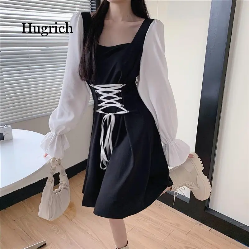 

French Style Retro Multi-Functional Color Contrast Bandage Princess Skirt Women's Waist A-Line Dress