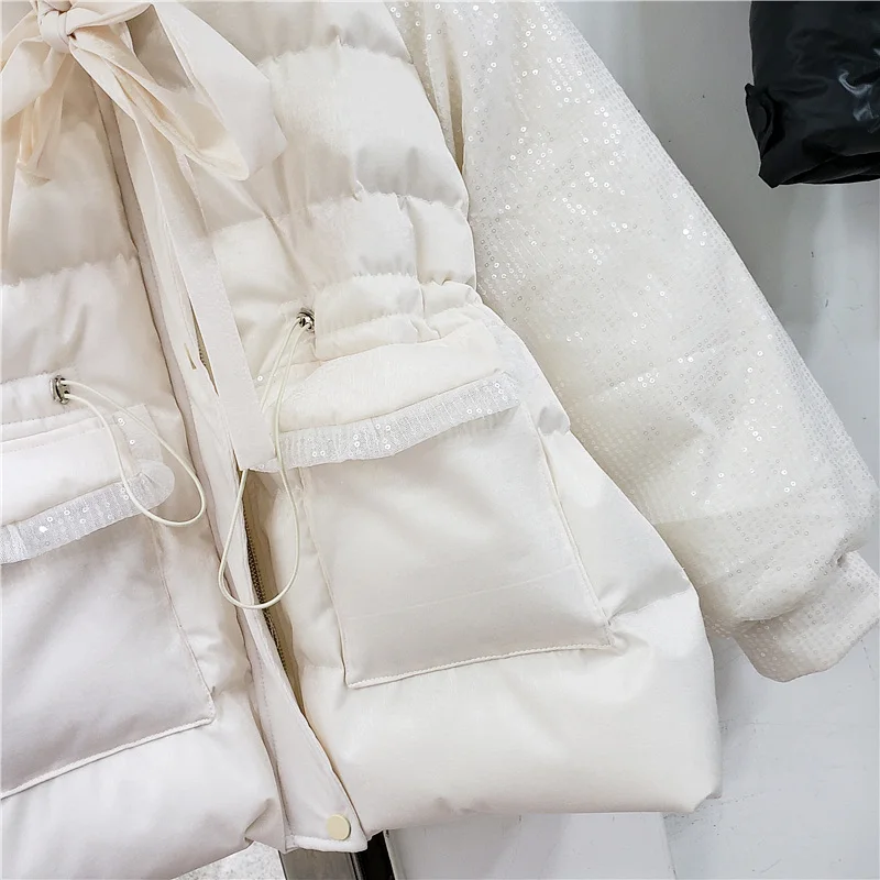 Женская хлопковая куртка с меховым воротником Офисная Белая теплая в Корейском