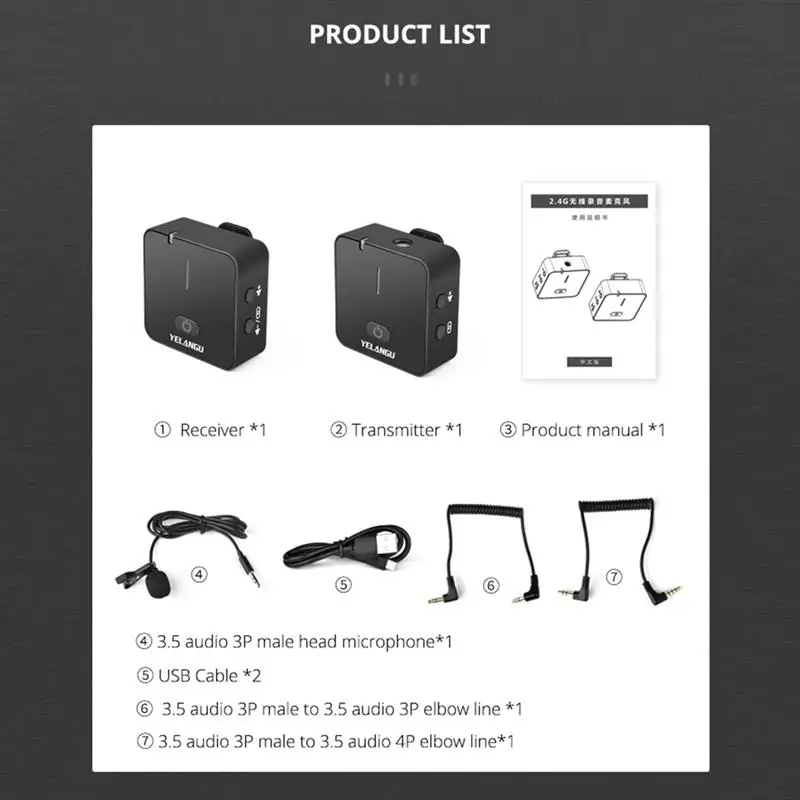 

YELANGU Portable Wireless Microphone Set 2.4G Vlog Video Recording Mic for Mobile Phone PC