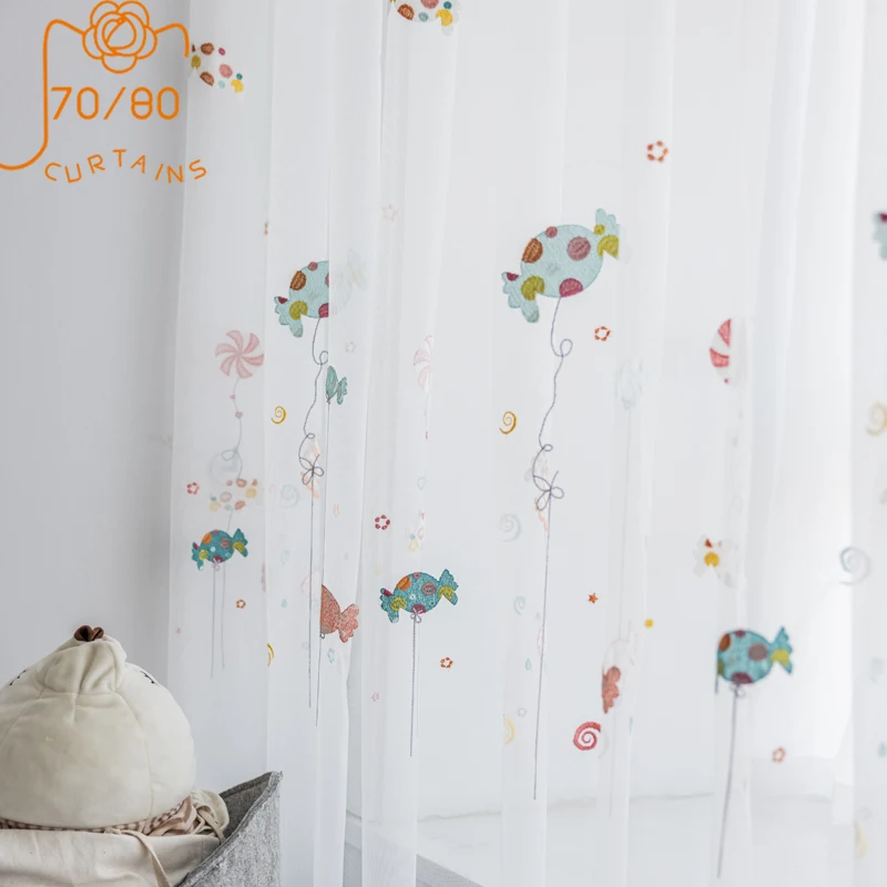 Childrens Room Cartoon Embroidered Gauze Curtain Candy Gauze Curtains for Living Room Bedroom Finished Product Customization