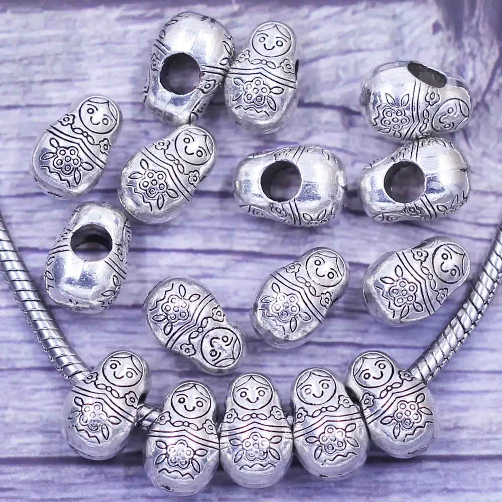 

5Pcs European Spacer Beads Russian Doll Toy Metal Silver Tone Fit Charm Bracelets Jewelry DIY Finding 13x9mm