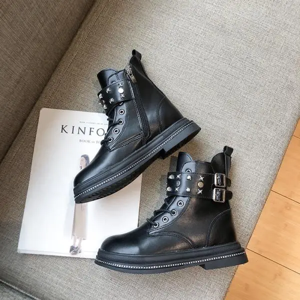 Women's Mid Calf Boots Rivets Shoes Low Heels booties Bootee Woman Booties Ladies Luxury Designer Round Toe Lace Up Rubber - Цвет: 1