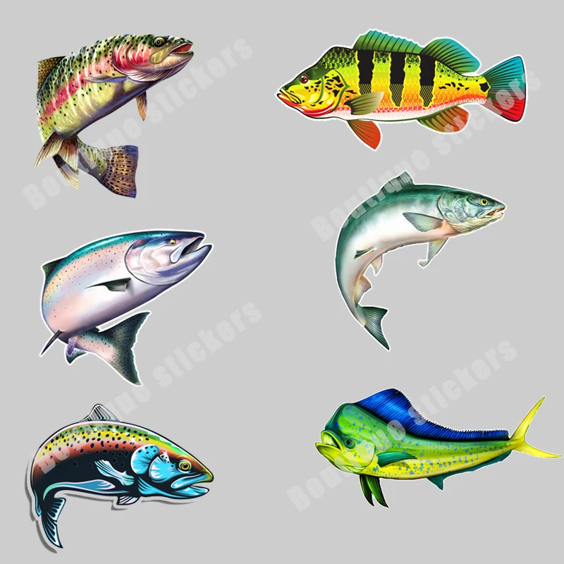

Beautiful Fish Stickers Four-piece Mahi/Peacock Bass /Jumping Fish /Rainbow Trout/Salmon Decals Fishing Rod Toolbox PVC Decals