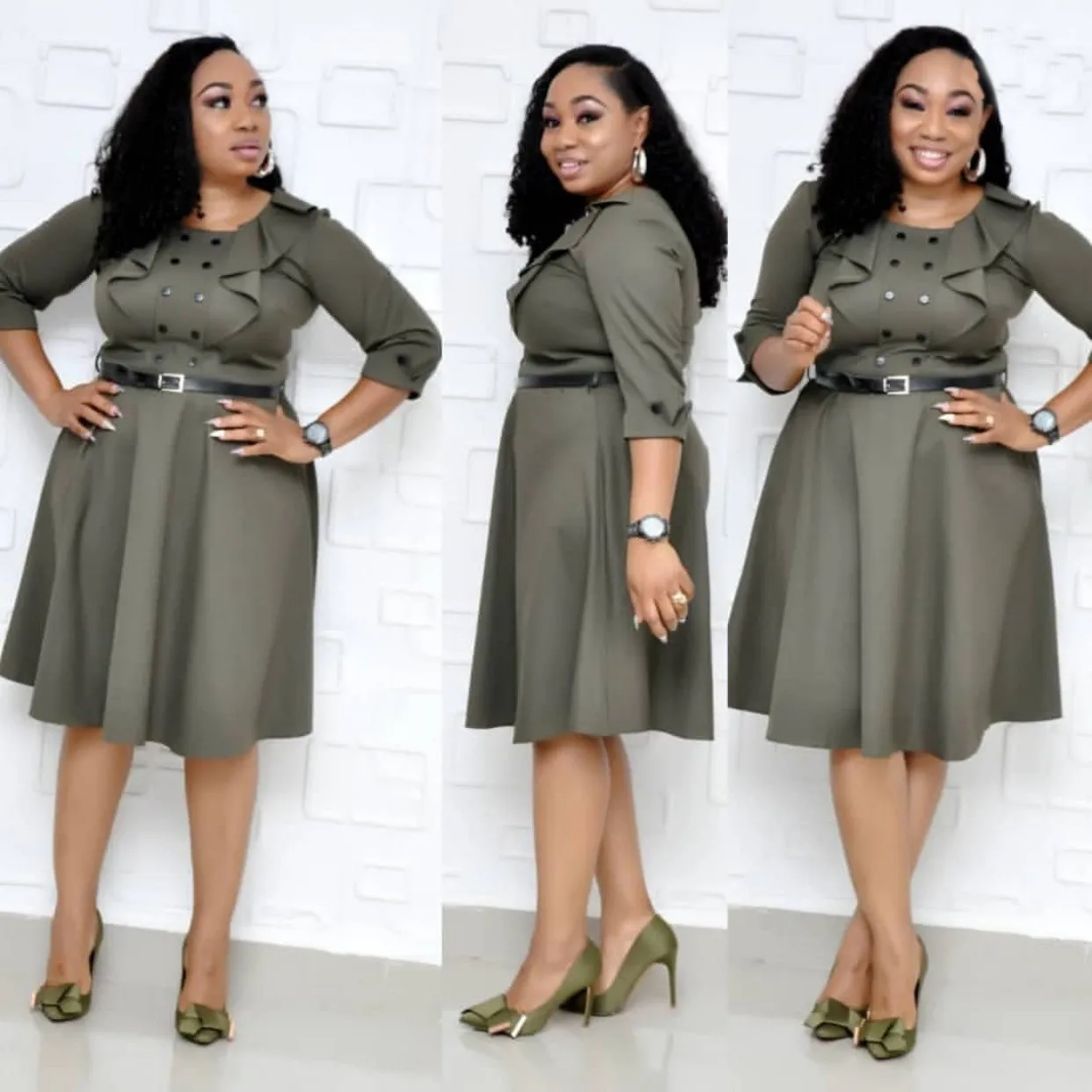 2019 осеннее Плиссированное Платье для работы однотонное женское двубортное