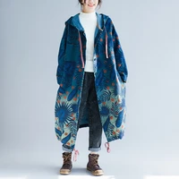 oversized womens denim trench coat spring autumn print flower jeans overcoat plus size hooded long coats windbreaker outerwear