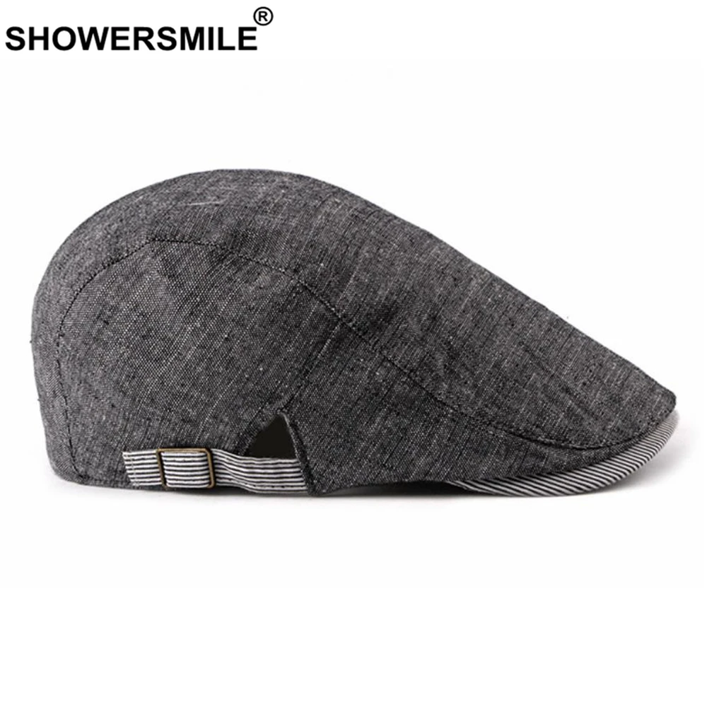 SHOWERSMILE Navy Cotton Linen Flat Cap for Men Summer Beret Man British Style Vintage Casual Baret Adjustable 55-60cm