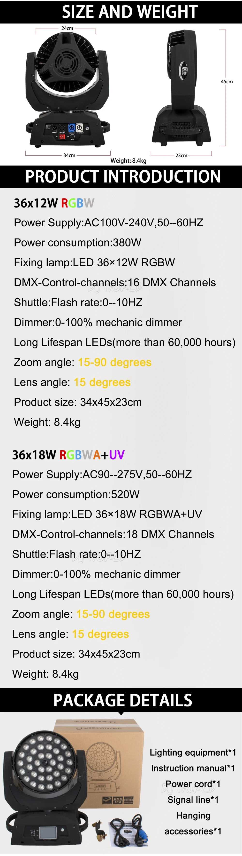 Горячая Светодиодный 36x18 Вт Zoom СВЕТОДИОДНЫЙ RGBWA+ УФ движущаяся головка Zoom Wash DJ светильник 6 цветов в зале сценический диско-бар ночной клуб