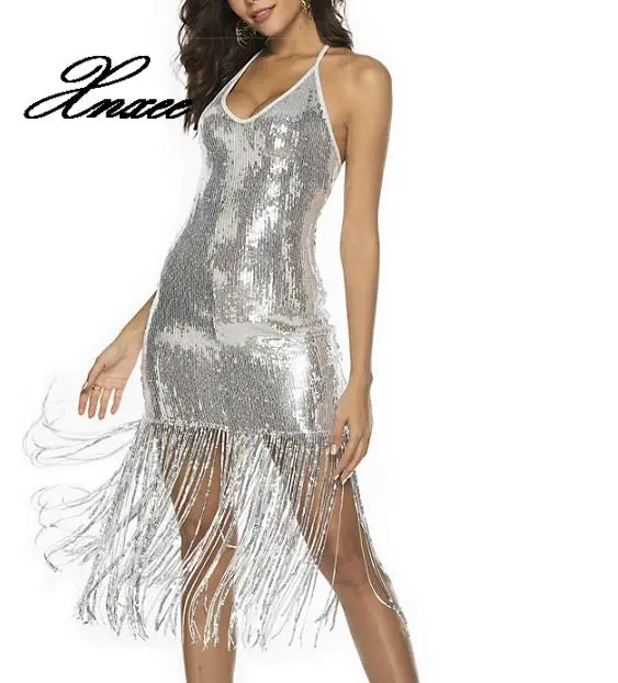 

Sexy Halter Backless Bodycon Sequin Midi Dress Party Fringe Dress Costume