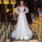 Кружевное свадебное платье в стиле бохо, Прозрачный лиф с V-образным вырезом, трапециевидная аппликация, Пляжное блестящее свадебное платье с длинными рукавами, свадебные платья, 2021
