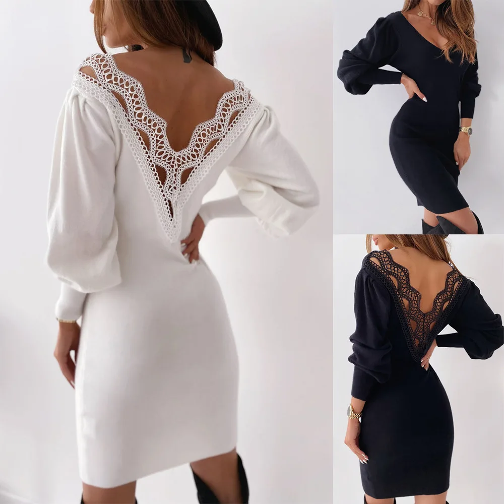 

Autumn Dress Sexy Backless Hollow Lace Stitching V-neck Long Sleeve Slim Dress Fashion Lantern Sleeve Bodycon Dresses Femme Robe