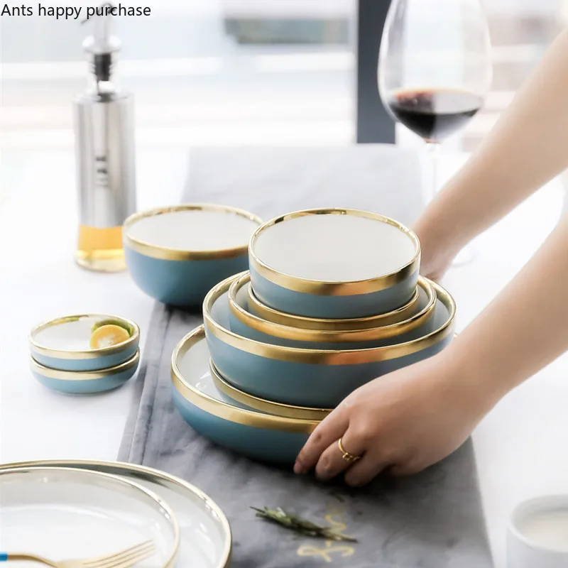 Скандинавский синий CeramicsGolden Rim посуда и тарелки наборы посуды тарелка лапша суповая чаша Западная еда стейк обеденная посуда тарелки