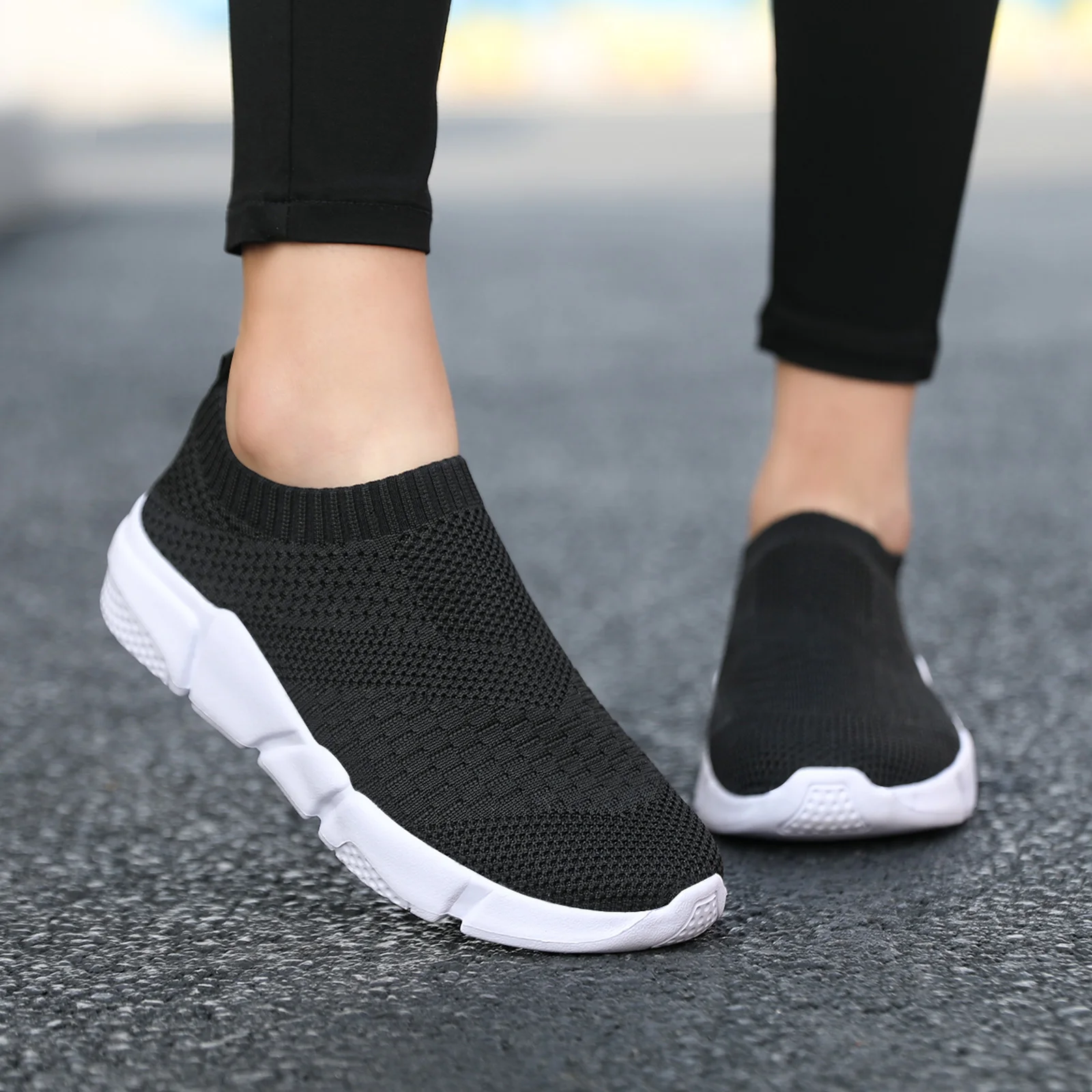 

Women Flat Slip on Black Shoes Woman Lightweight Walking Sock Sneakers Summer Casual Chaussures Femme Tenis Loafers Plus Size 42
