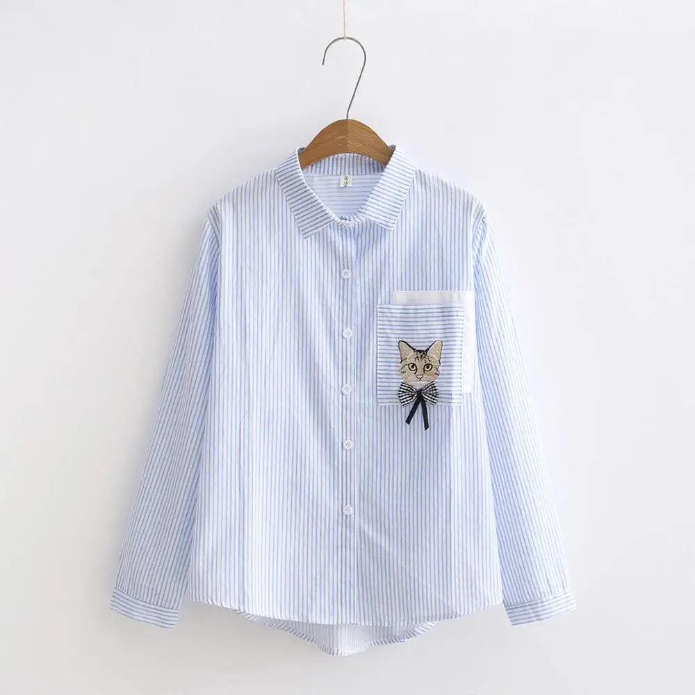 Blue stripe cat Полосатая женская блузка с вышивкой рыбы, Лоскутная, на пуговицах, с отложным воротником, с длинным рукавом, хлопковая рубашка, Blusas Feminina T88011F - Цвет: Blue stripe cat