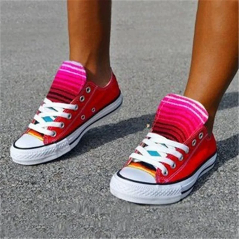 

Large Women Shoes Autumn New Canvas Shoes Women's Fashion Color Matching Stripe Spring and Summer Shoes Middle Top Casual Shoes