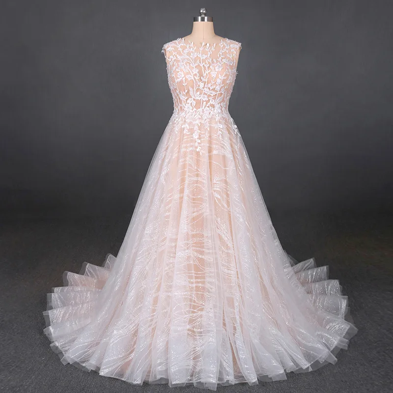 

LSDZ15 JANCEMB Champagne O-Neck Tank Sleeveless Crystal Wedding Dress 2020 A-Line Zipper With Back Appliques