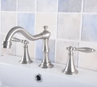 brushed nickel brass deck mounted dual handles widespread bathroom 3 holes basin faucet mixer water taps mnf685