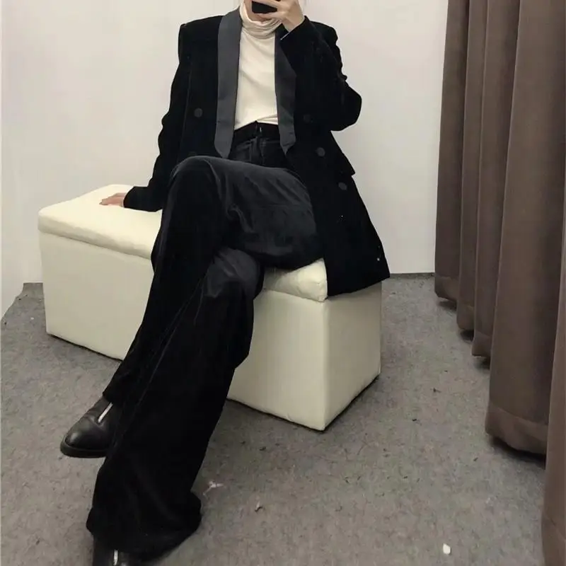 Винтаж Зубчатый Блейзер прямые брюки костюм из двух частей женский простой