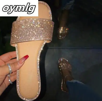 Сандалии женские с кристаллами плоская подошва блестящие уличные шлепанцы