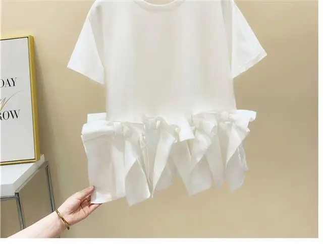 

2021 Summer New Fashion Bottom Bow Patchwork Short Sleeve Cotton O Neck White T-shirt Loose Top Fashion