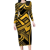 new arrivals womens autumn long sleeve bodycon round neck knee length dresses polynesian tribal samoa print plus size dresse