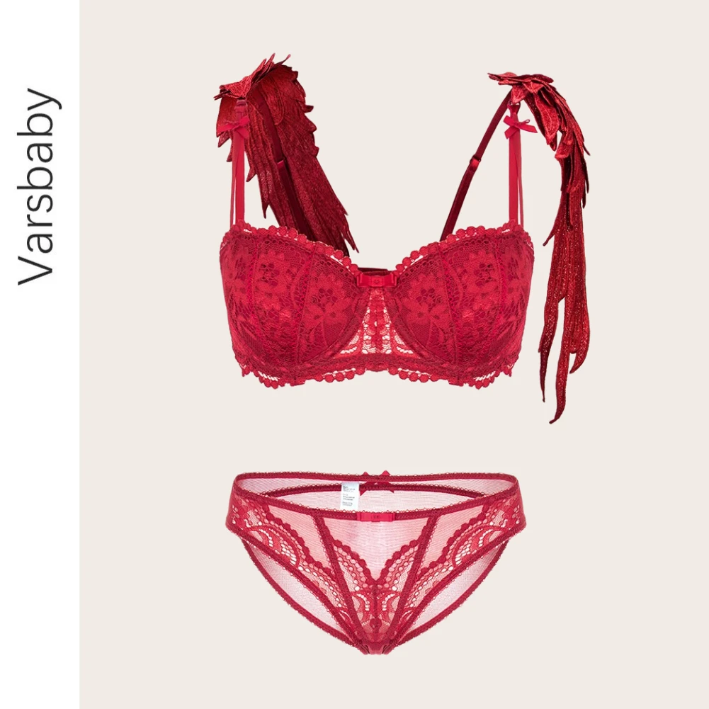 

Комплект женского кружевного бюстгальтера Varsbaby, чашка Бюстгальтер пуш ап на косточках, вышитые крылья, бретели, дышащие трусики со средней ...