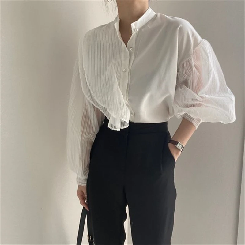 

HziriP Women See-Through Patchwork 2021 Mesh Stand Office Lady High Quality Brief Gentle Elegance Silky All Match Chic Shirts