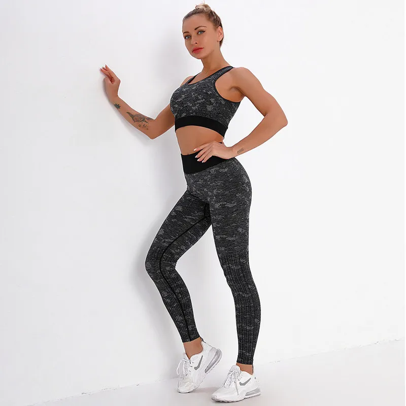 

Fashion Seamless Knitting Printing Camouflage Workout Yoga Set Sports Bra Pants Running Tracksuit Fitness Suit Leggings And Top