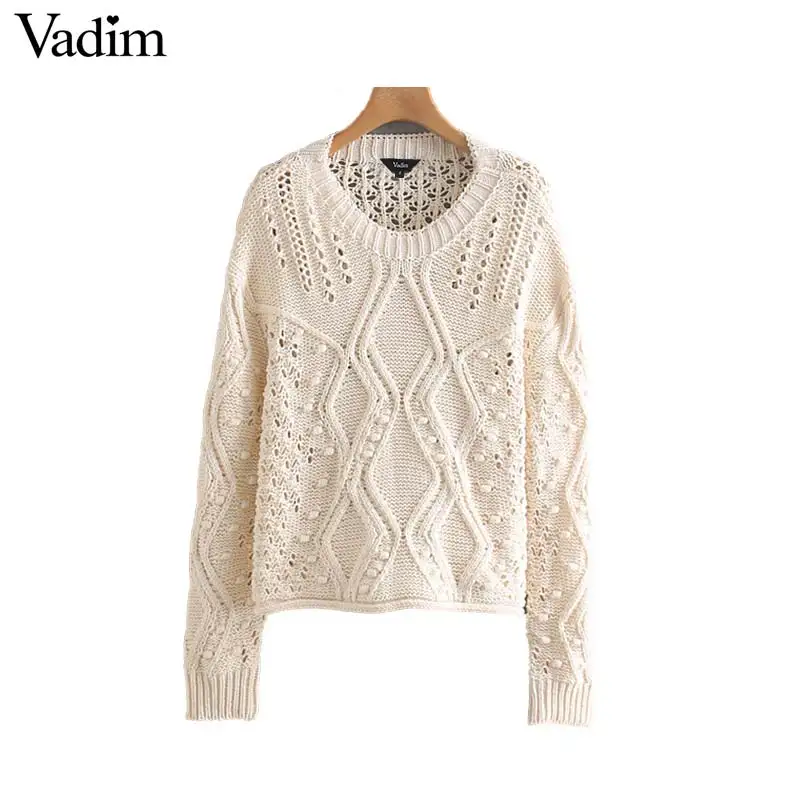 Vadim милый Женский вязаный выдалбливают сплошной свитер Длинные рукава с круглым