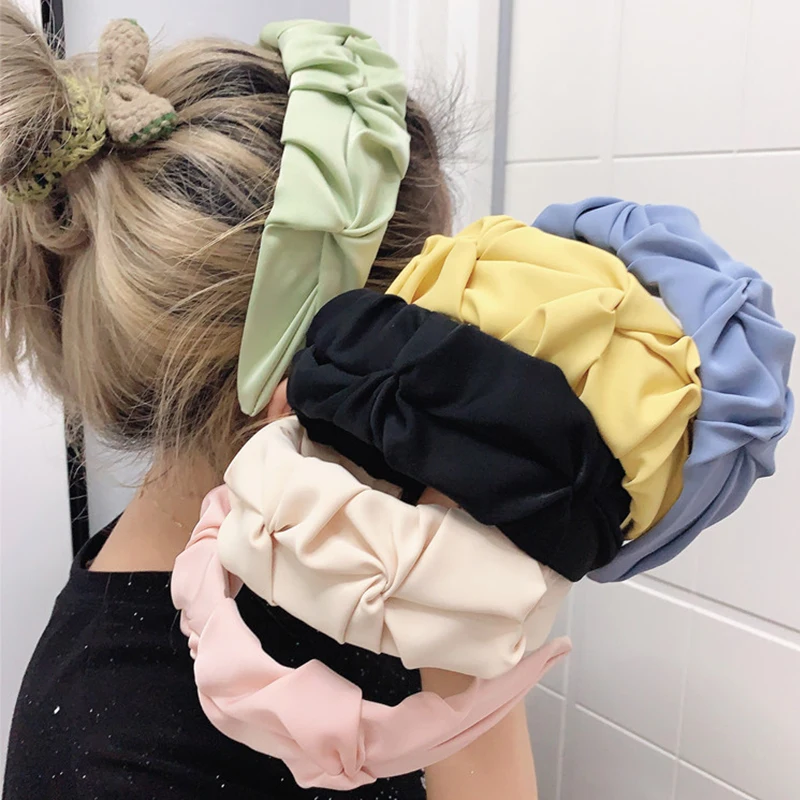 

Fashion Wrinkled Headband Candy Solid Color Hairwear Women Wide-brim Knotted Face Wash Hairband Girl Hair Band Hair Accessories